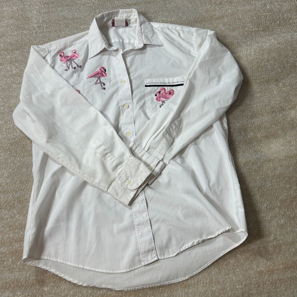P.B. Shirt Women's Medium White Pink Flamingo Polyester Cotton